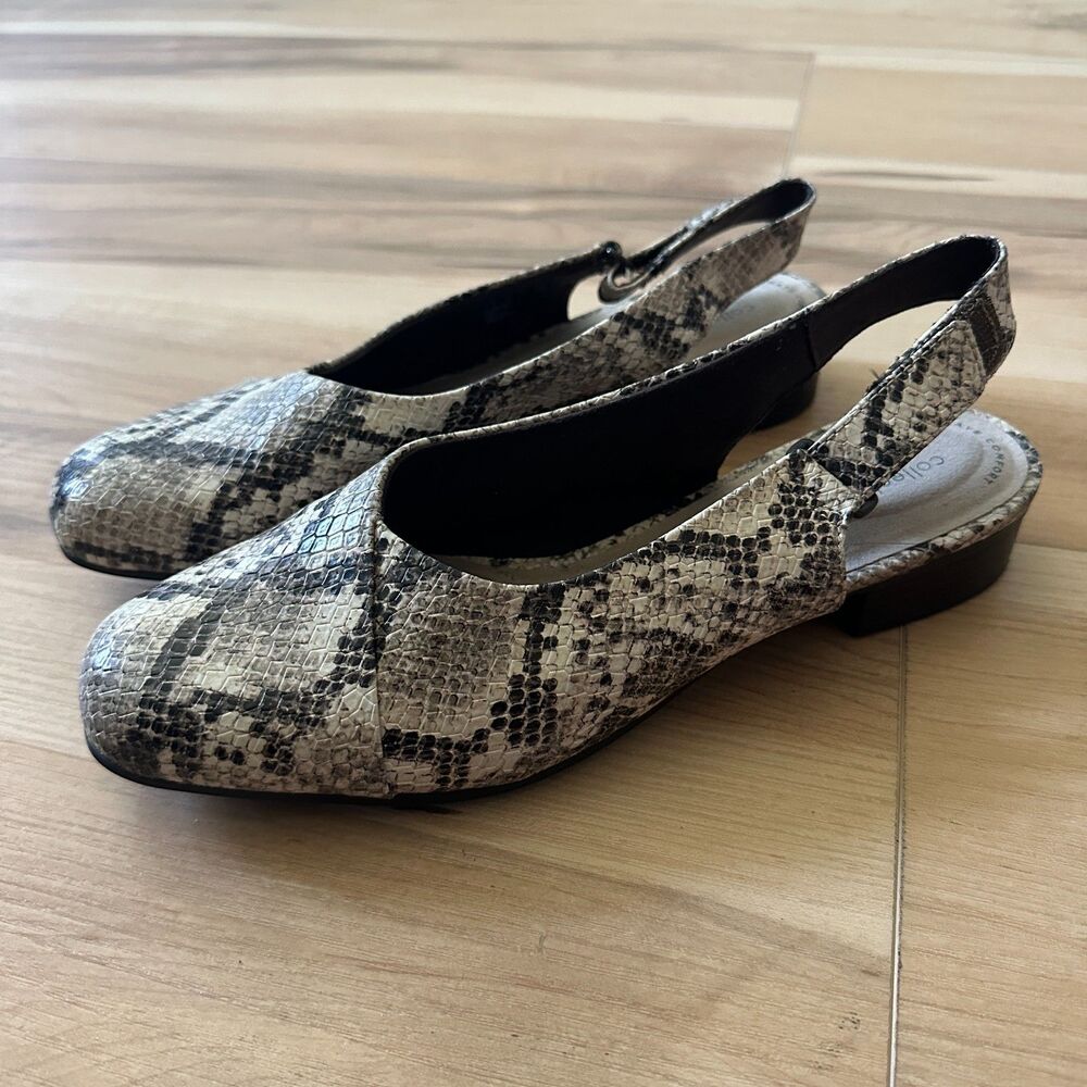 Clarks Collection Women's Slingback Flats Taupe Gray Snake Print Mules Size 8.5